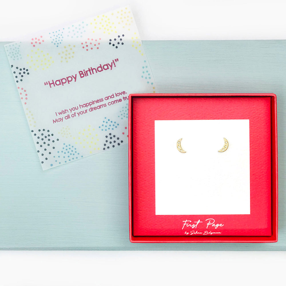 <birthday>Cubic Zirconia Starburst Crescent Moon Stud Earrings