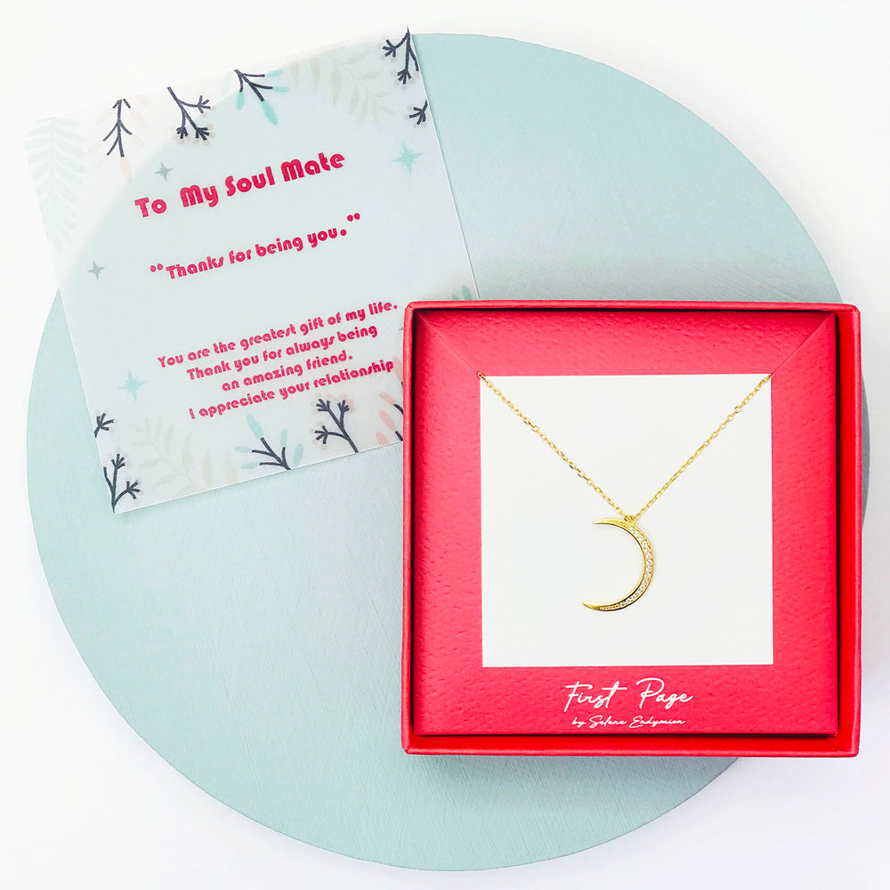 <soulmate>Sterling Silver Cubic Zirconia Waxing Crescent Moon Necklace