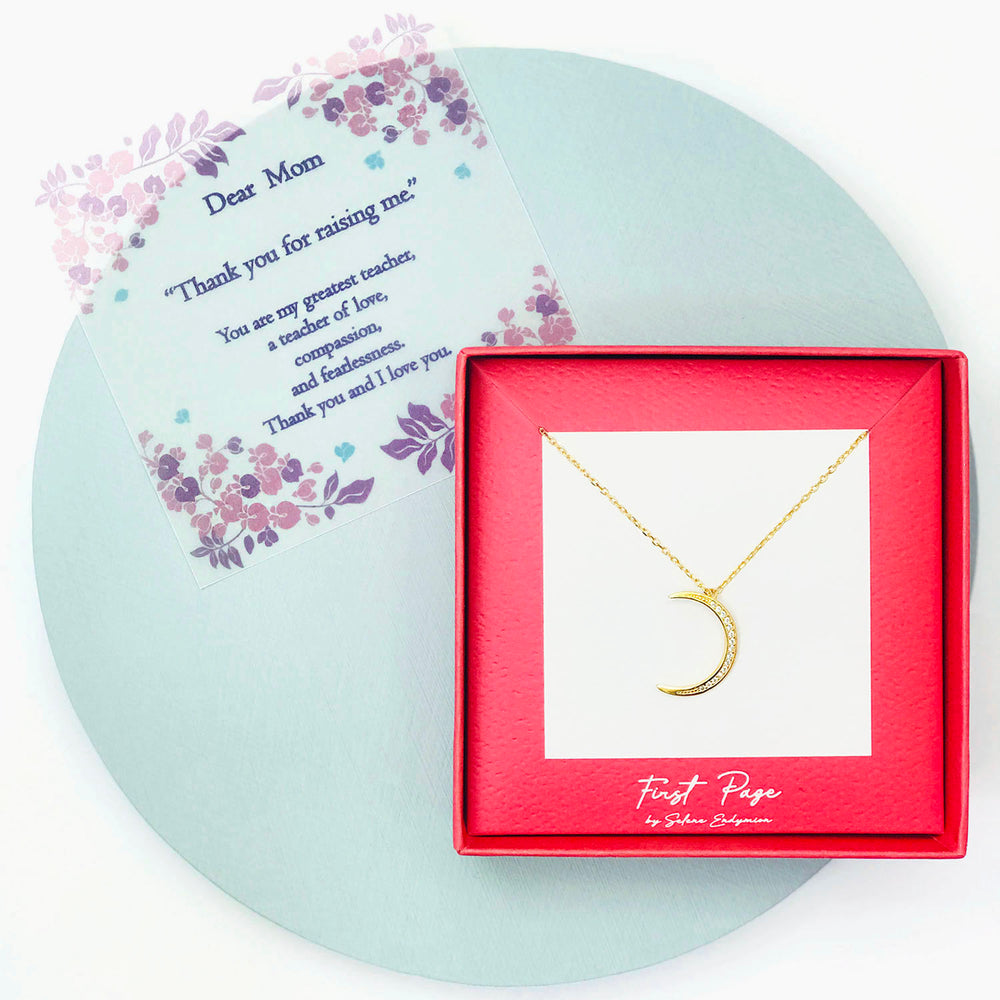 <mom>Sterling Silver Cubic Zirconia Waxing Crescent Moon Necklace