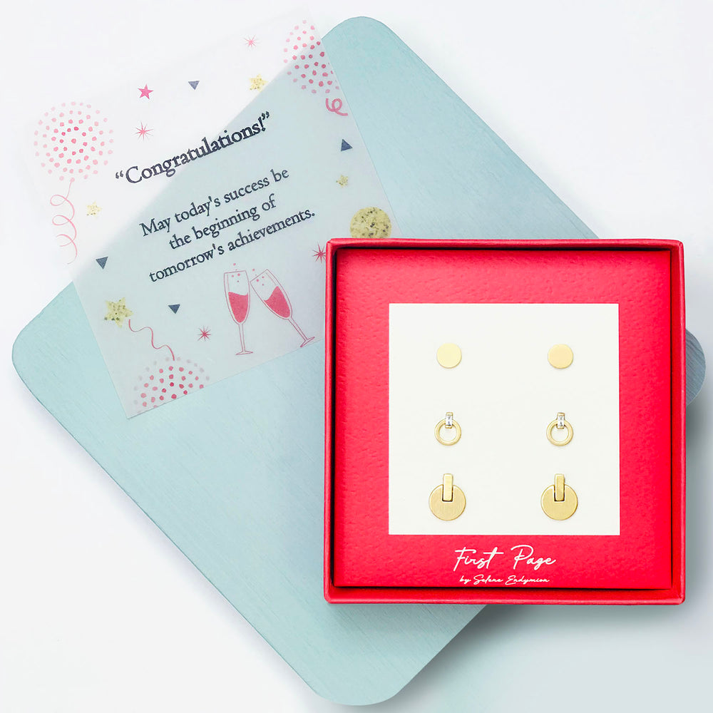 <congrats>Disk and Open Circle Three Pair Stud Earring Set