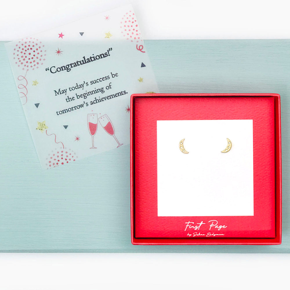 <congrats>Cubic Zirconia Starburst Crescent Moon Stud Earrings