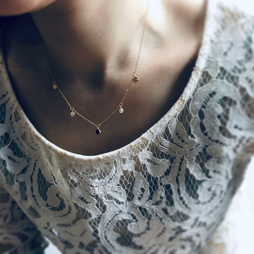 Sterling Silver Three Flat Disc and Two Cubic Zirconia Necklace
