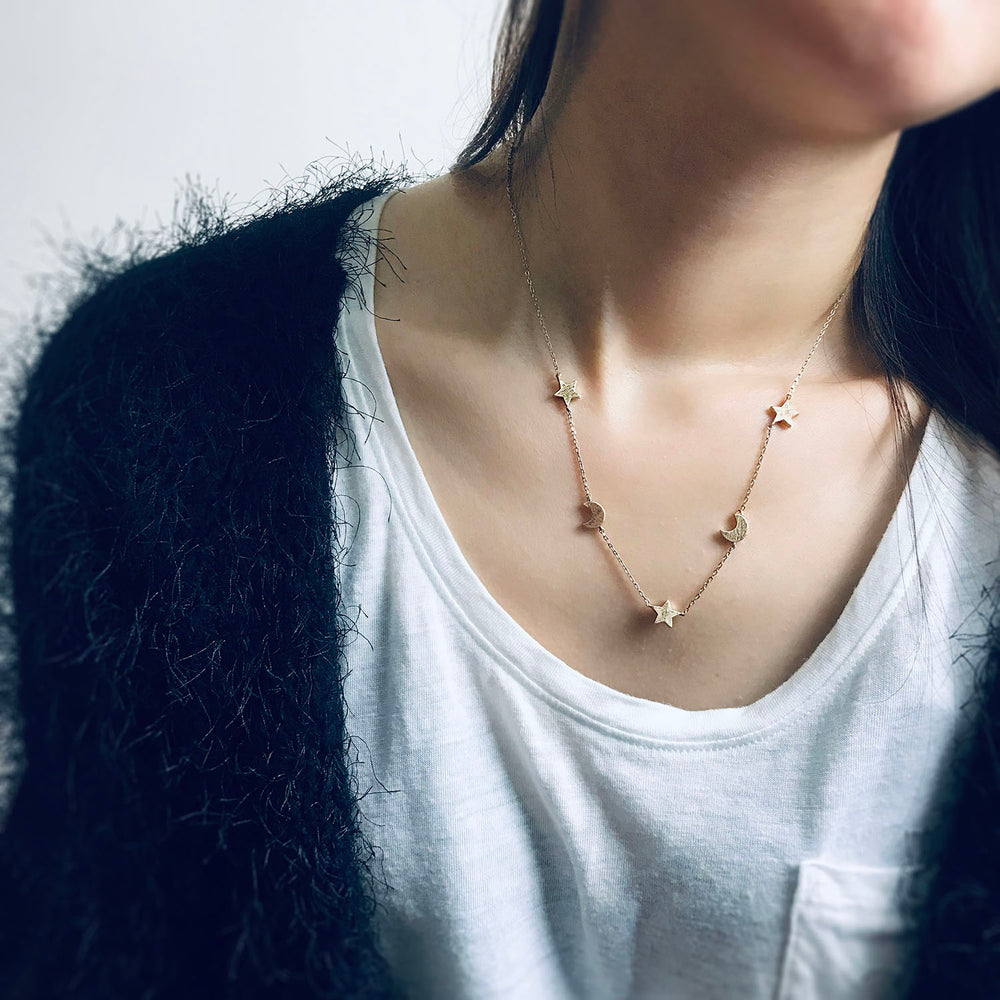 <mom>Two Crescent Moon and Three Star Station Necklace