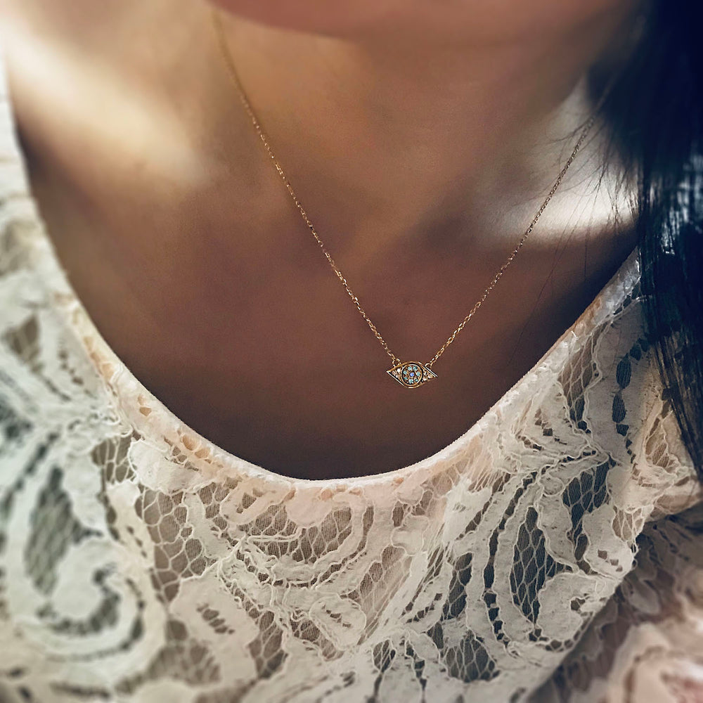 <soulmate>Sterling Silver Classic Sapphire and Turquoise Pave Evil Eye Necklace