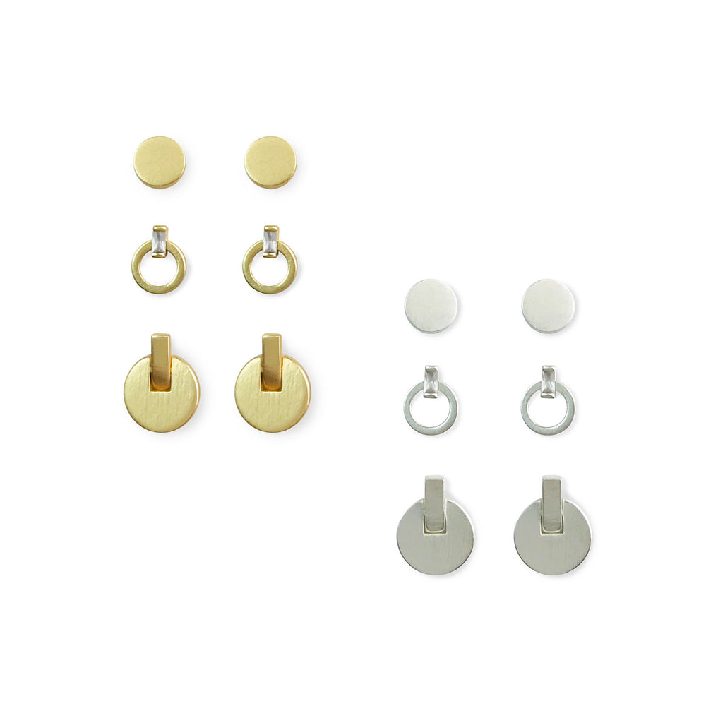 Disk and Open Circle Three Pair Stud Earring Set 