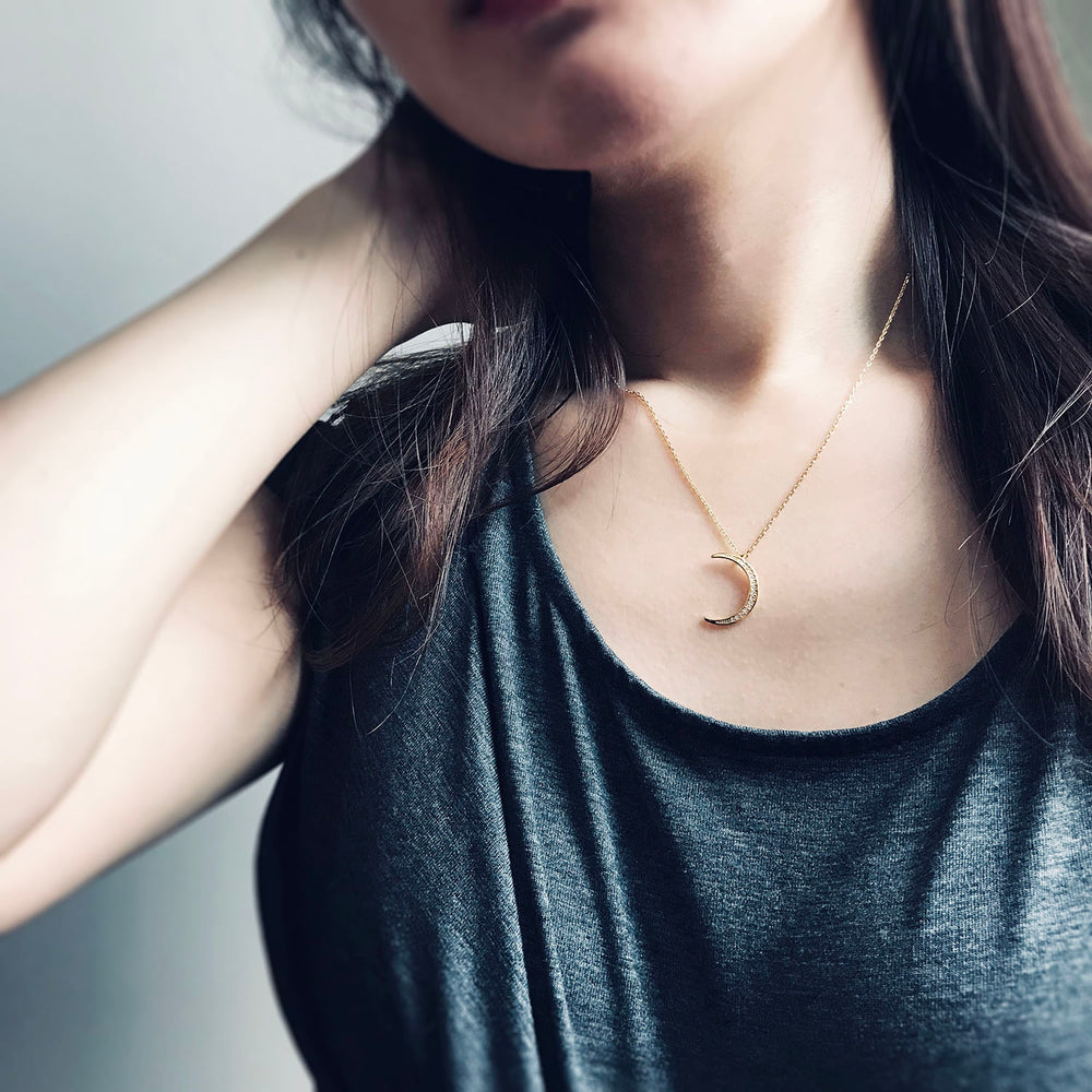 <congrats>Sterling Silver Cubic Zirconia Waxing Crescent Moon Necklace