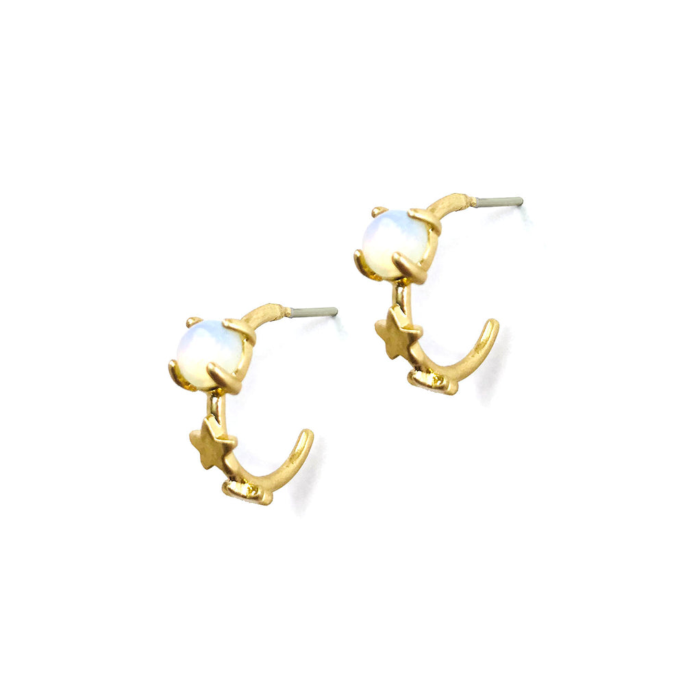 Moonstone and Two Stars Huggie Hoop Earrings