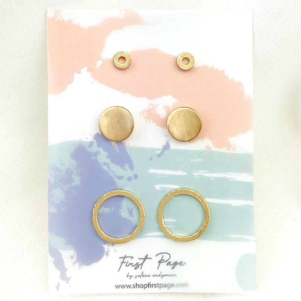 <DEA023>Circle, Disk, and Circle Three Pair Stud Earring Set