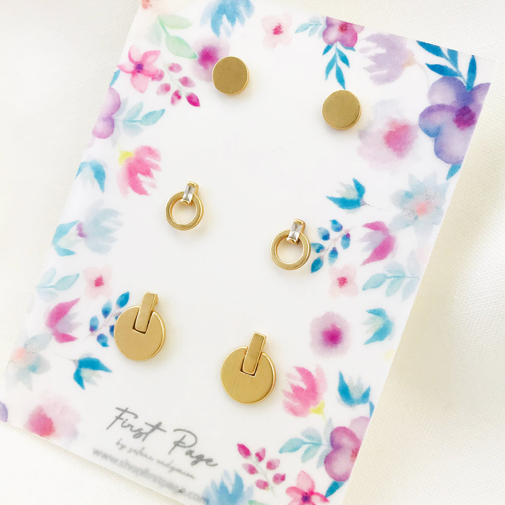Disk and Open Circle Three Pair Stud Earring Set