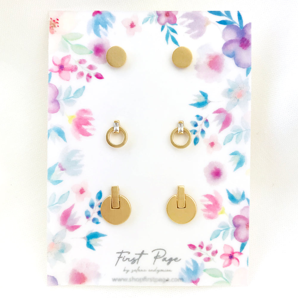 Disk and Open Circle Three Pair Stud Earring Set