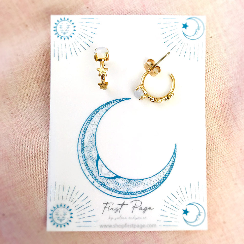 Moonstone and Two Stars Huggie Hoop Earrings