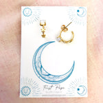 Moonstone and Two Stars Huggie Hoop Earrings