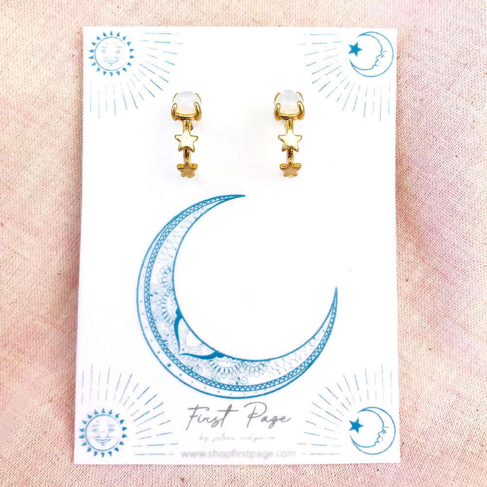 Moonstone and Two Stars Huggie Hoop Earrings