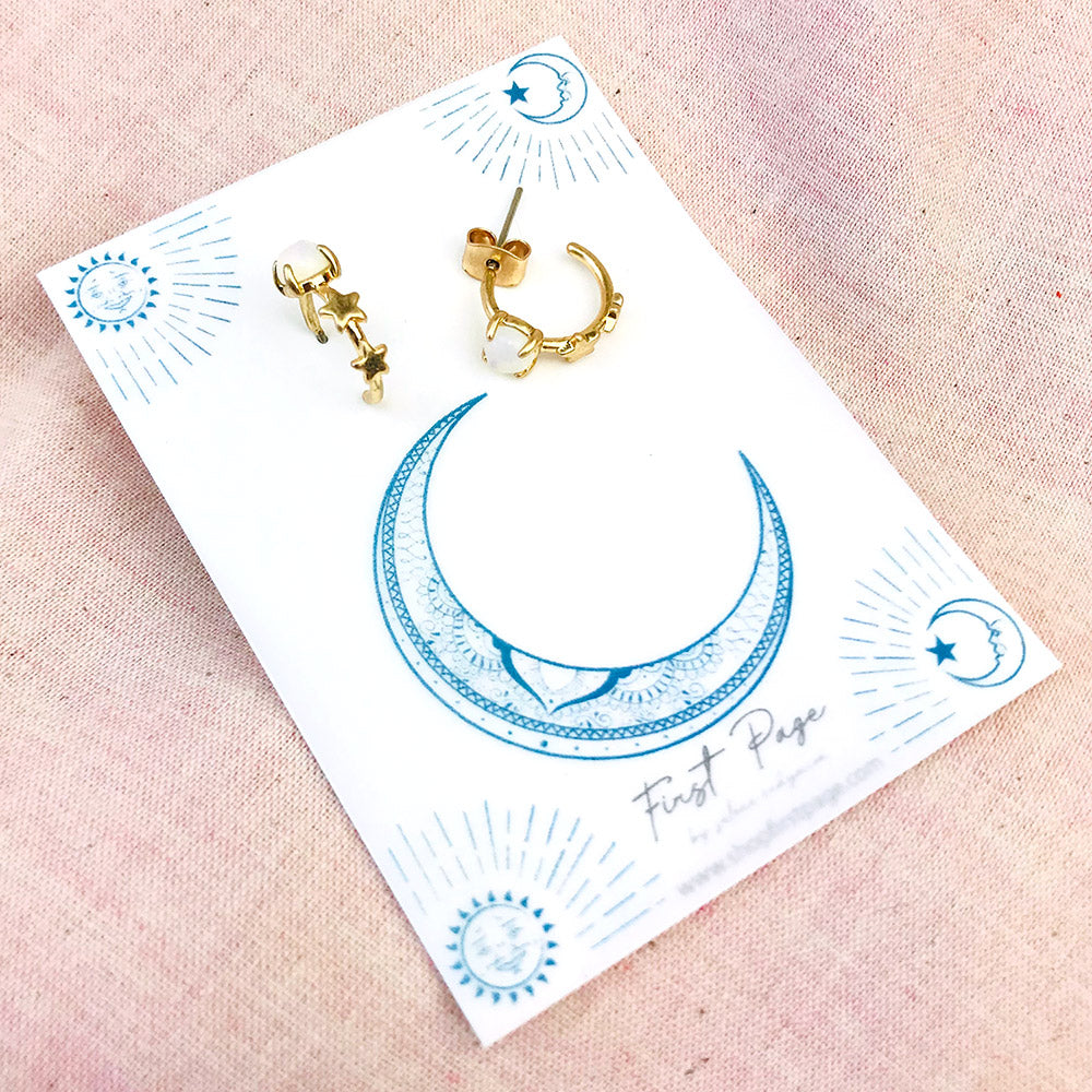 Moonstone and Two Stars Huggie Hoop Earrings