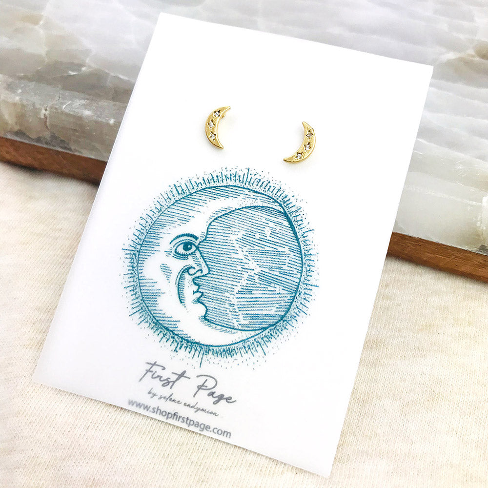 Cubic Zirconia Starburst Crescent Moon Stud Earrings