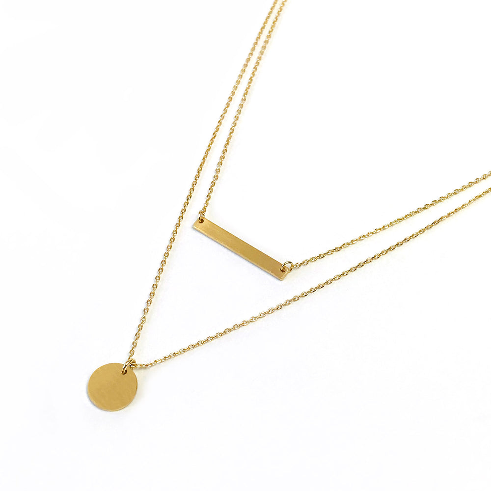 <mom>Simple Bar and Coin Double Layer Necklace