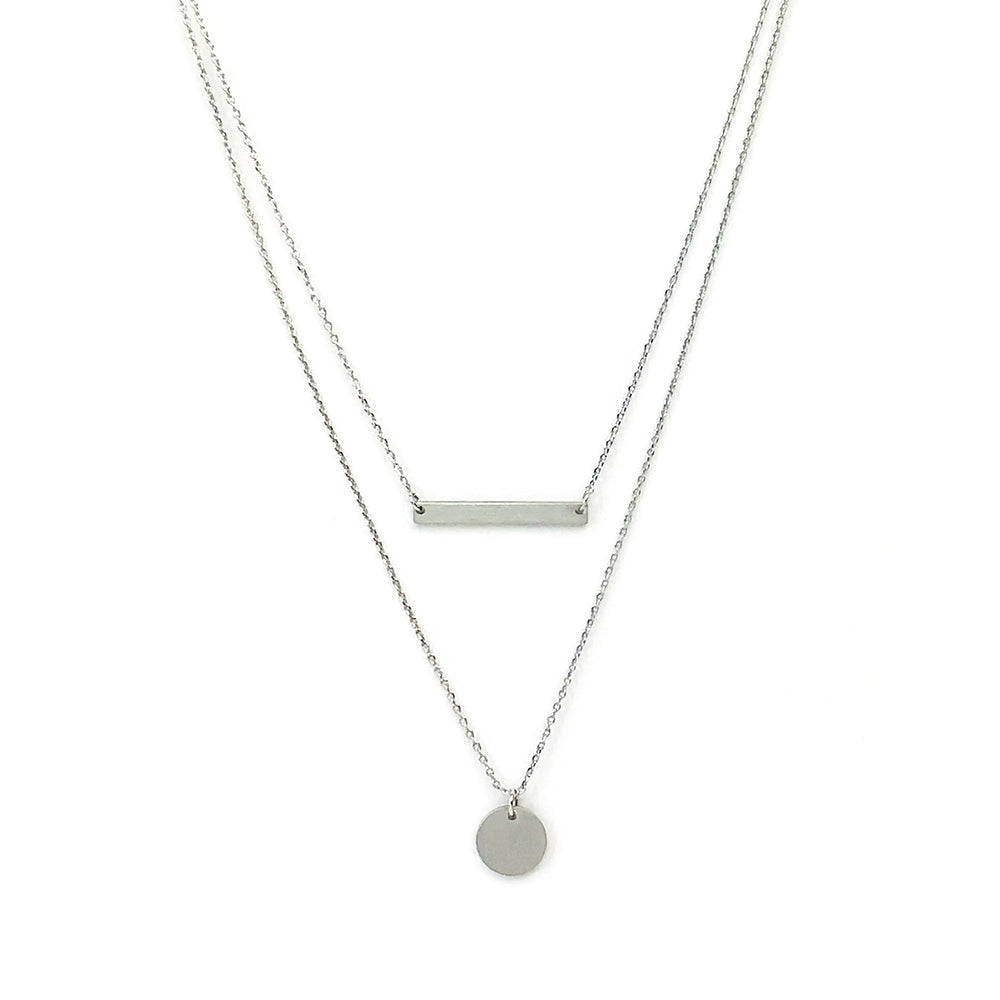 <iloveyou>Simple Bar and Coin Double Layer Necklace