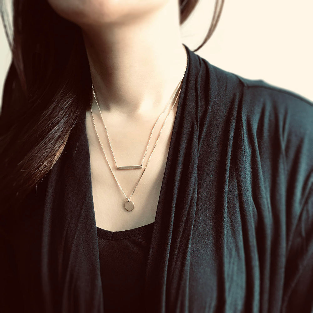 <iloveyou>Simple Bar and Coin Double Layer Necklace