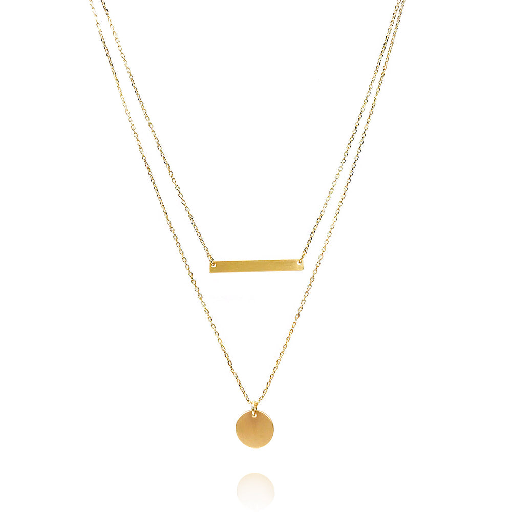 <iloveyou>Simple Bar and Coin Double Layer Necklace
